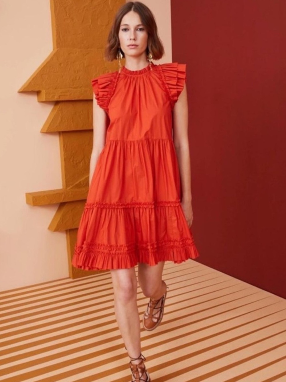 Ulla Johnson Joan Ruffle Cap Sleeve Mini Dress in Nasturtium Orange Sz 4